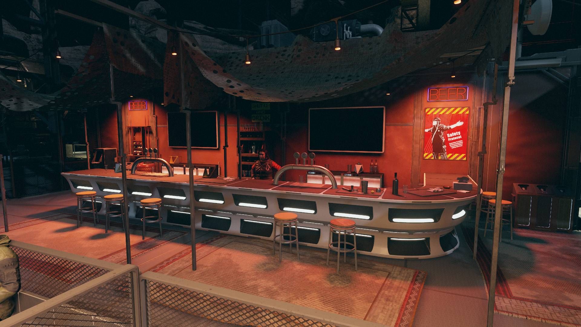 A red-tinted bar in Gagarin Landing, Lizzy is standing behind the bar.