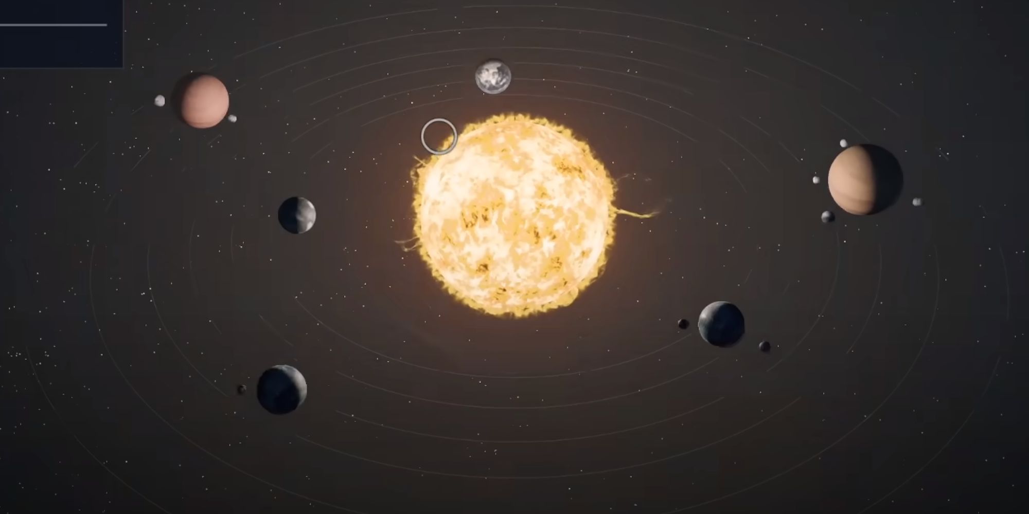 A bright, yellow and orange sun surrounded by six planets with varying colors and moons.