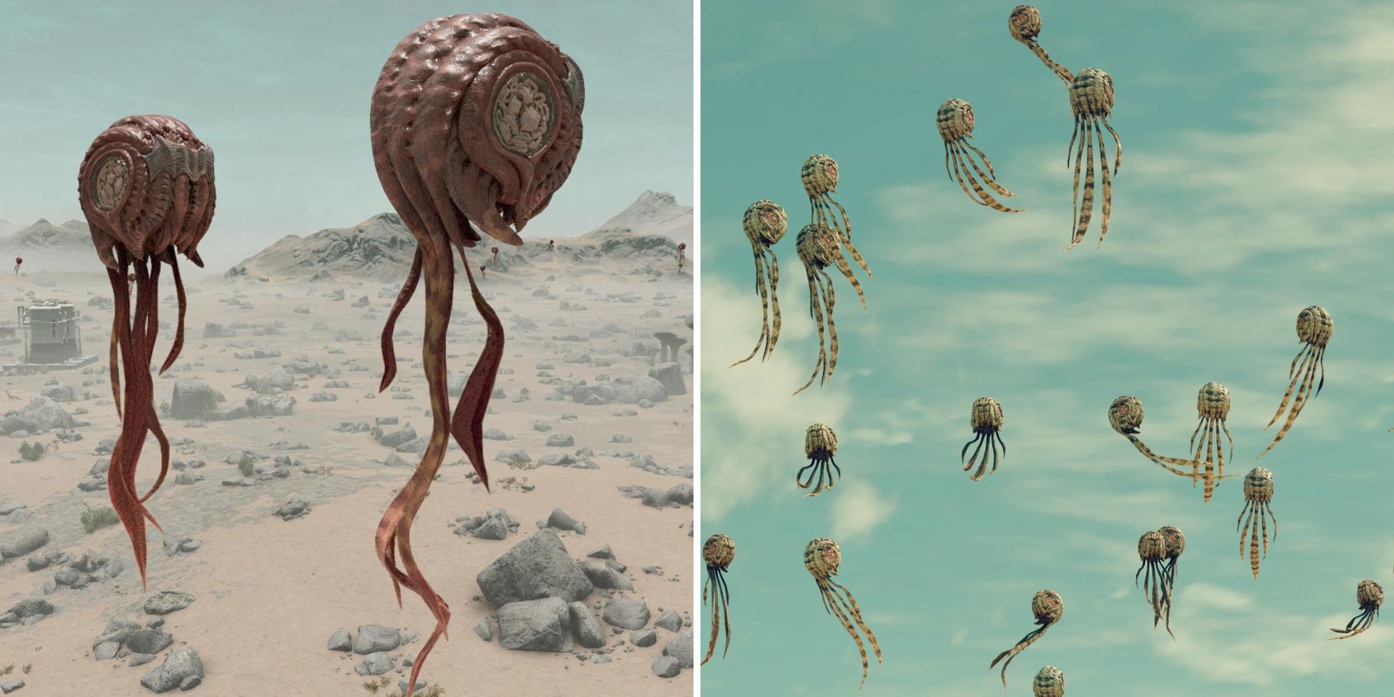 Floating, jellyfish-like creatures with different colors that match their environment.