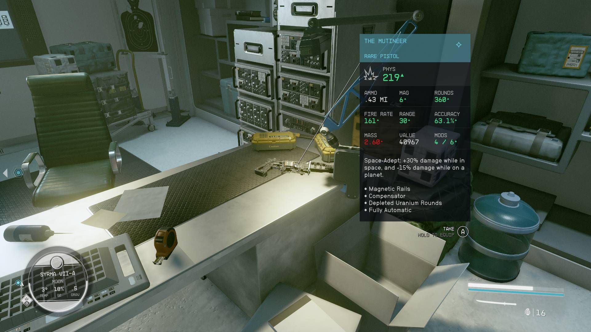 A gun called The Mutineer sits on a desk in Vlad's Villa.