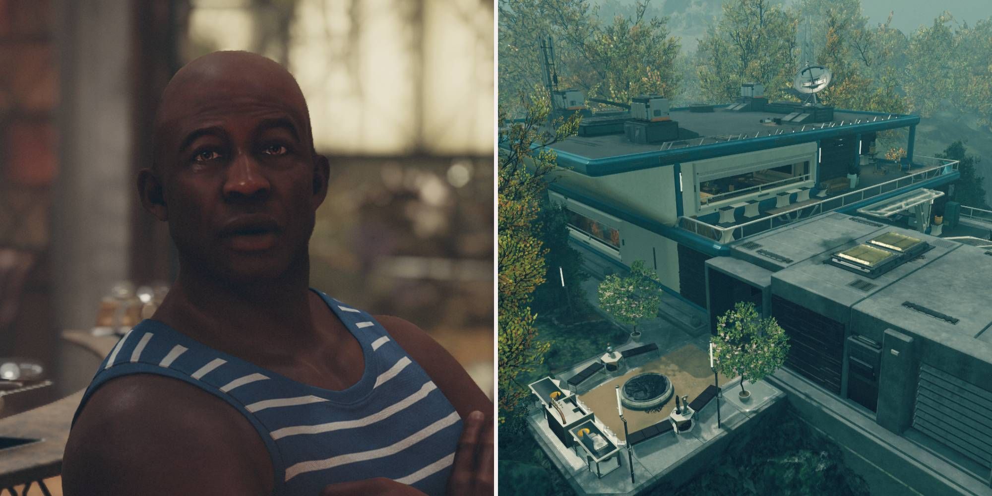 Left, Vladimir Sall standing with arms crossed. Right, a villa in the forest.