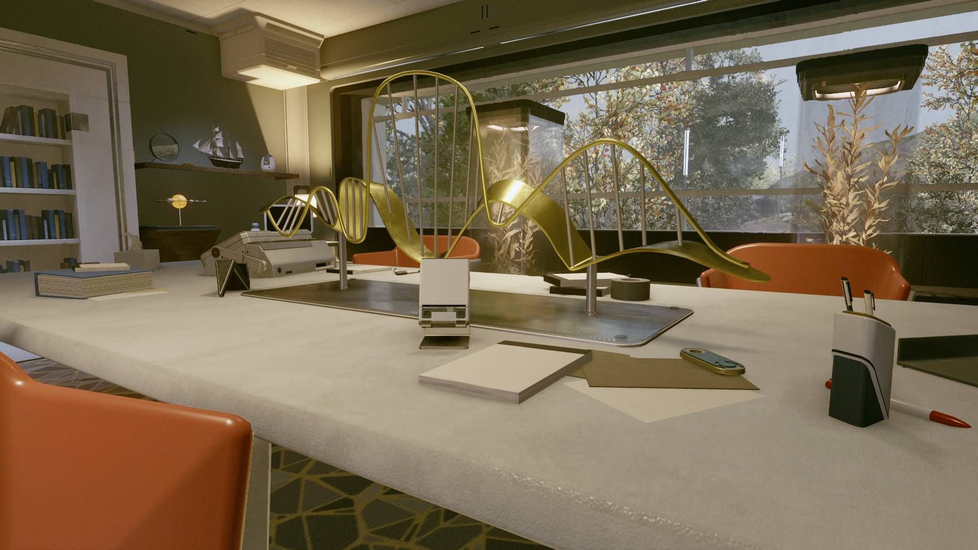 An audio slate sits near a statue in Vlad's Villa.