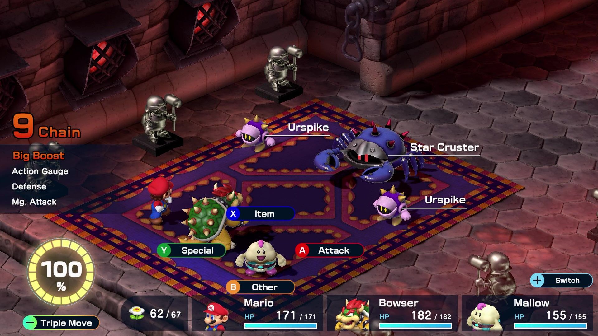 Mario and friends battling two Urspikes and and Star Cruster in Super Mario RPG