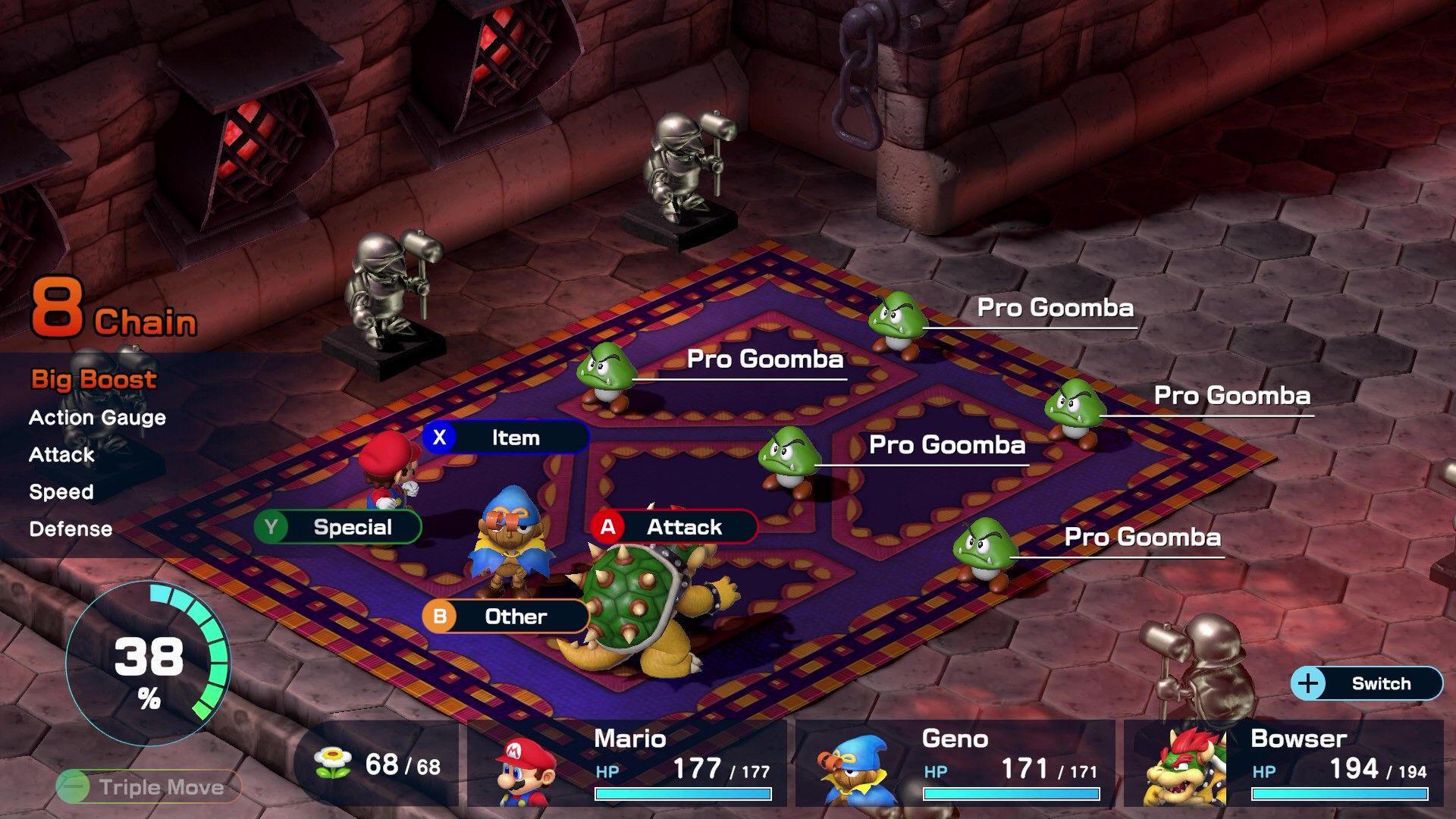 Mario and friends fighting five Pro Goombas in Super Mario RPG