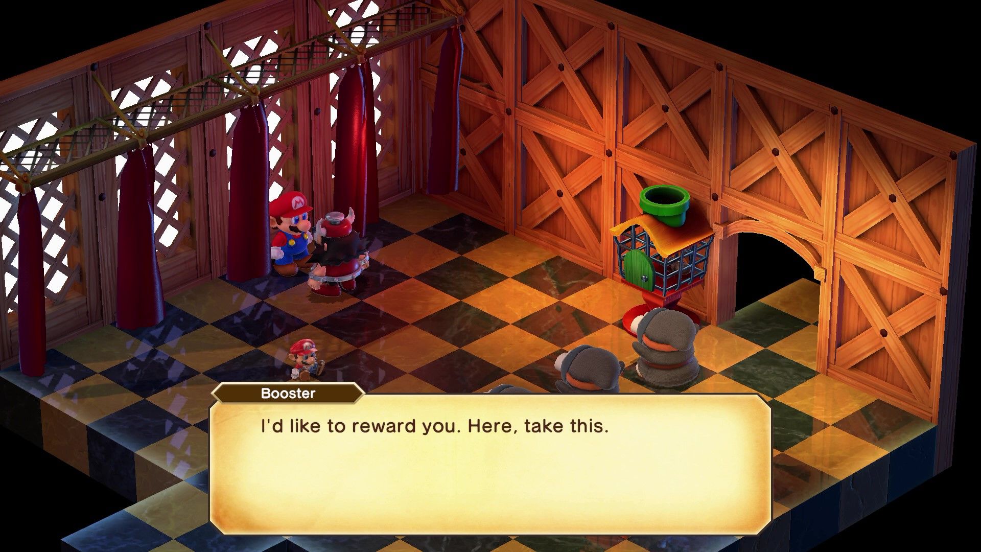 Booster giving Mario the Booster's Charm in Super Mario RPG