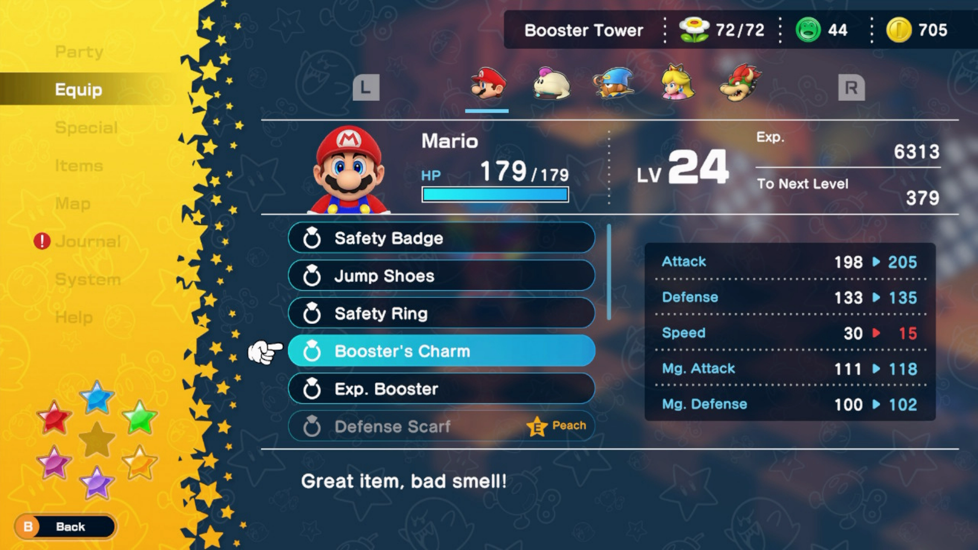 The equipment screen in Super Mario RPG showing the stats for Booster's Charm