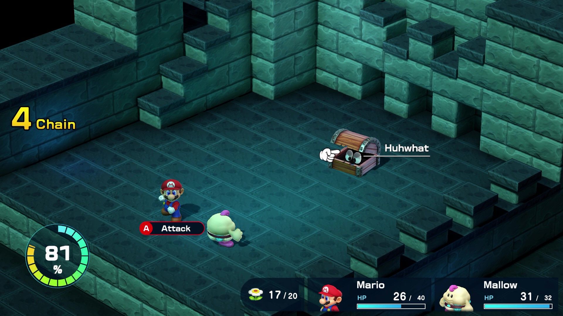 Mario fighting a Huhwhat enemy in Super Mario RPG