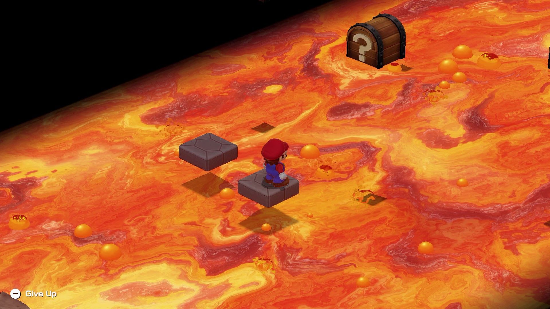 Mario using moving platforms to cross over lava in Super Mario RPG