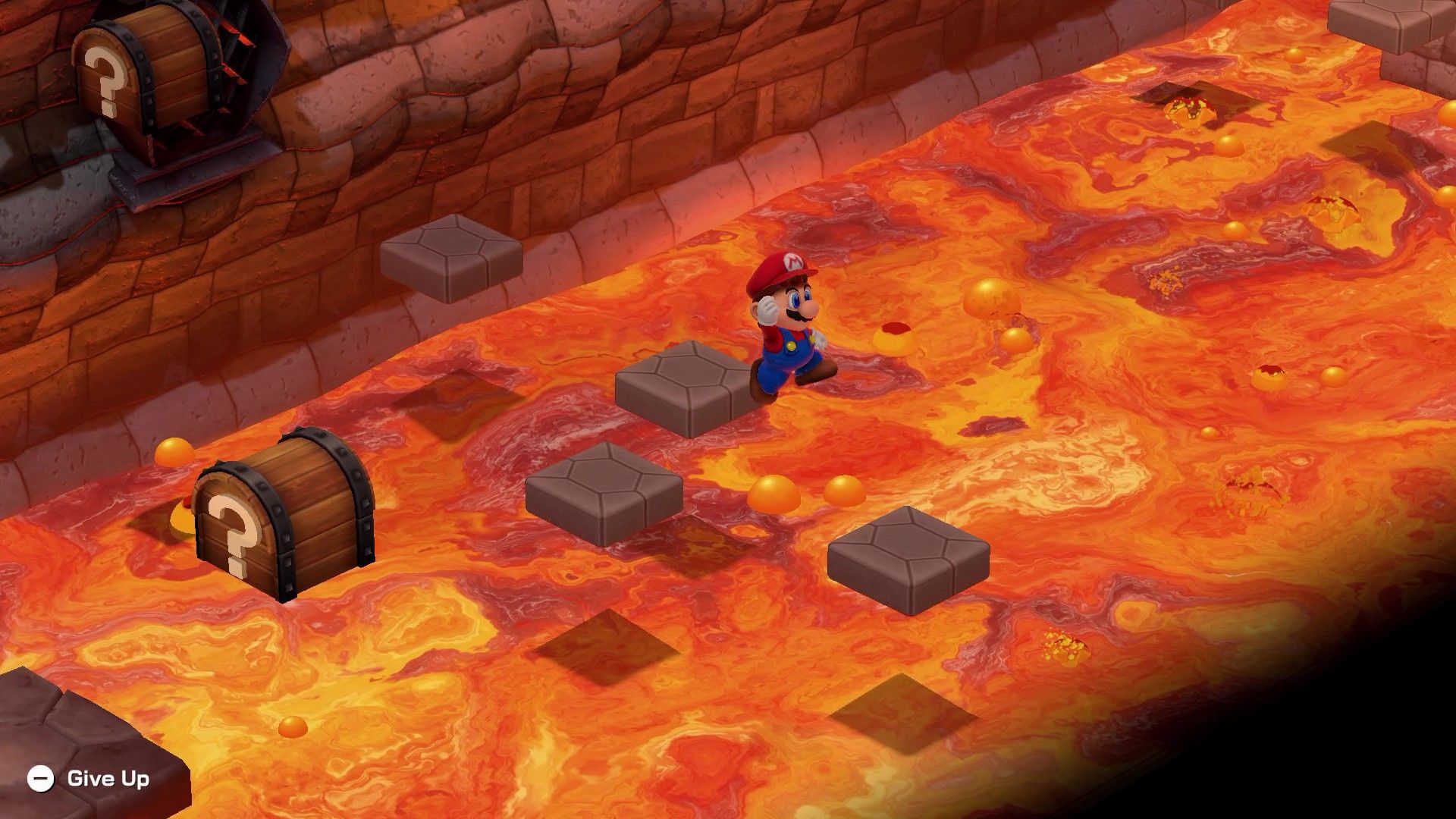 Mario jumping over lava to reach a platform in Super Mario RPG