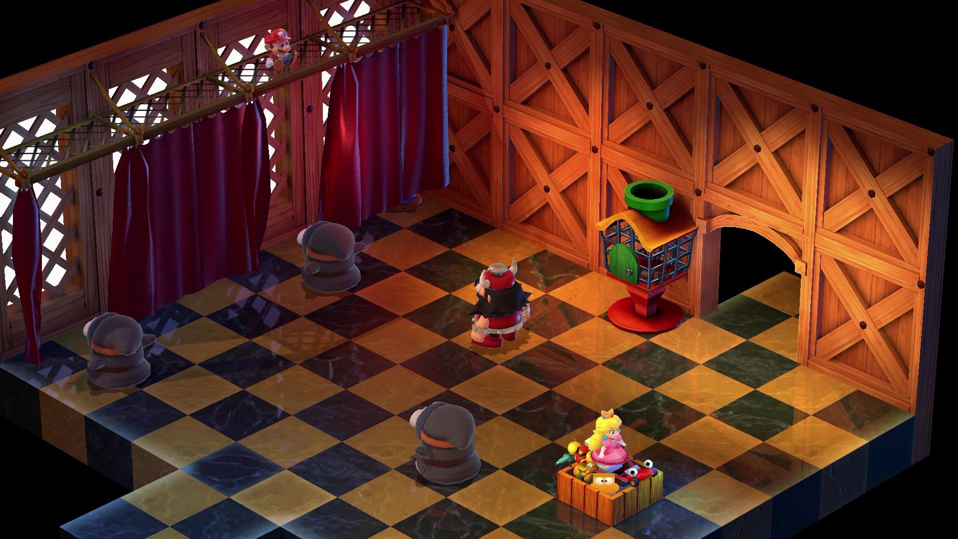 Mario avoiding Booster and the Snifsters in Super Mario RPG