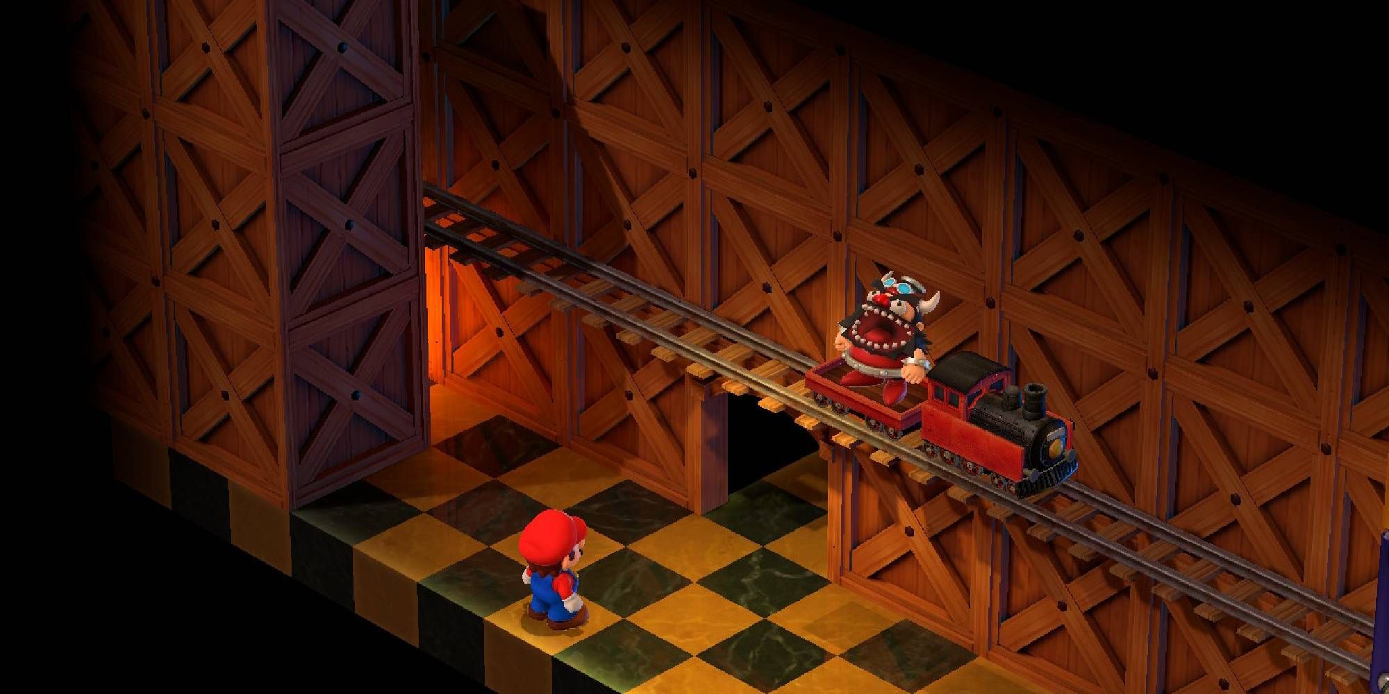 super mario rpg mario looking up at booster riding his train through booster tower