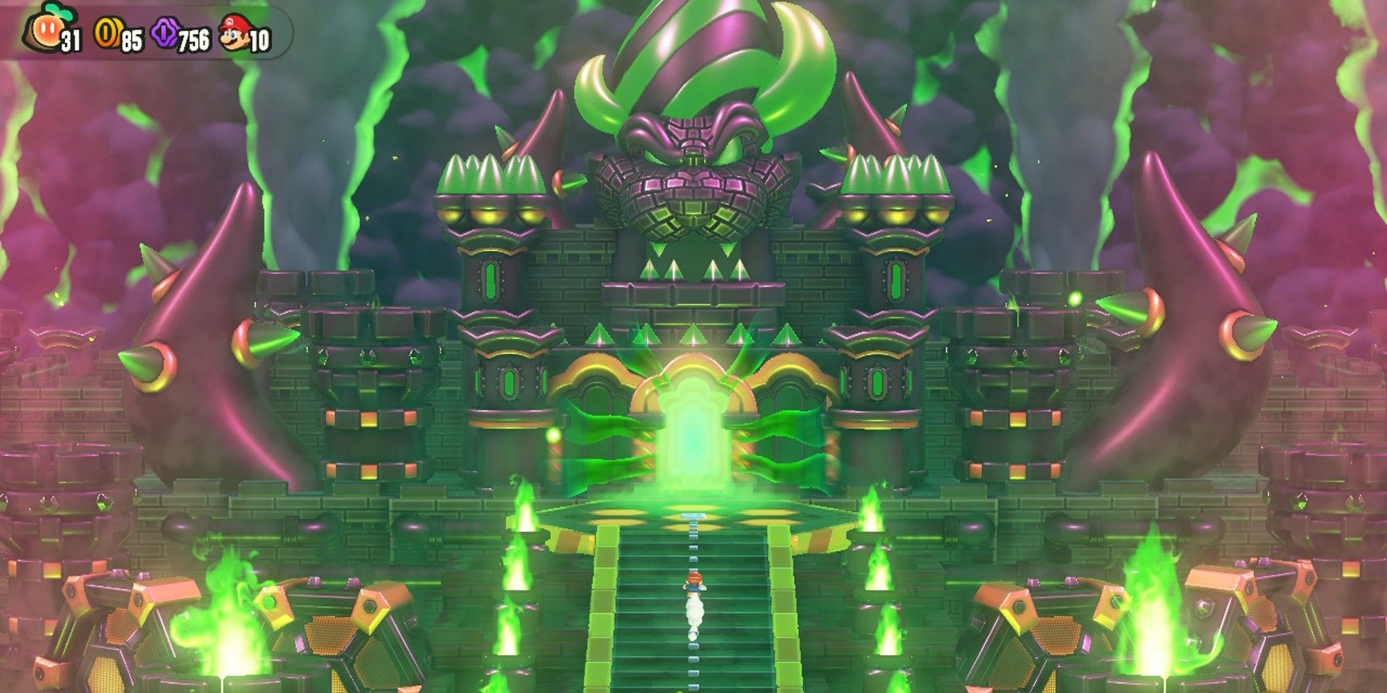 Mario running up to giant Bowser palace.
