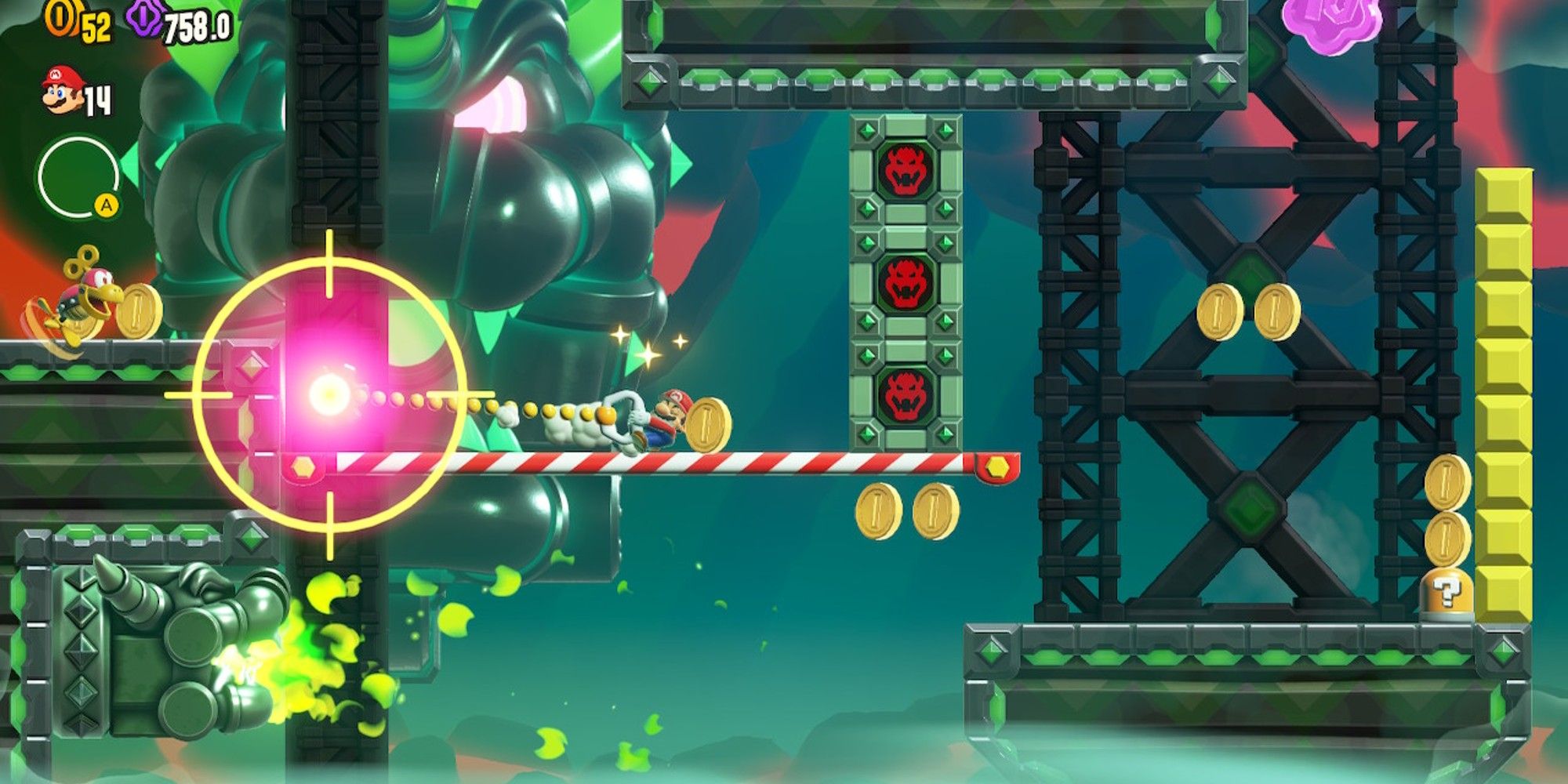 Mario pulling on a rope while being targeted by giant Bowser.