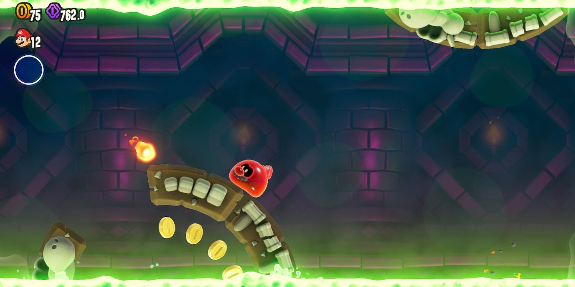 Blob Mario riding a wheel above green lava.