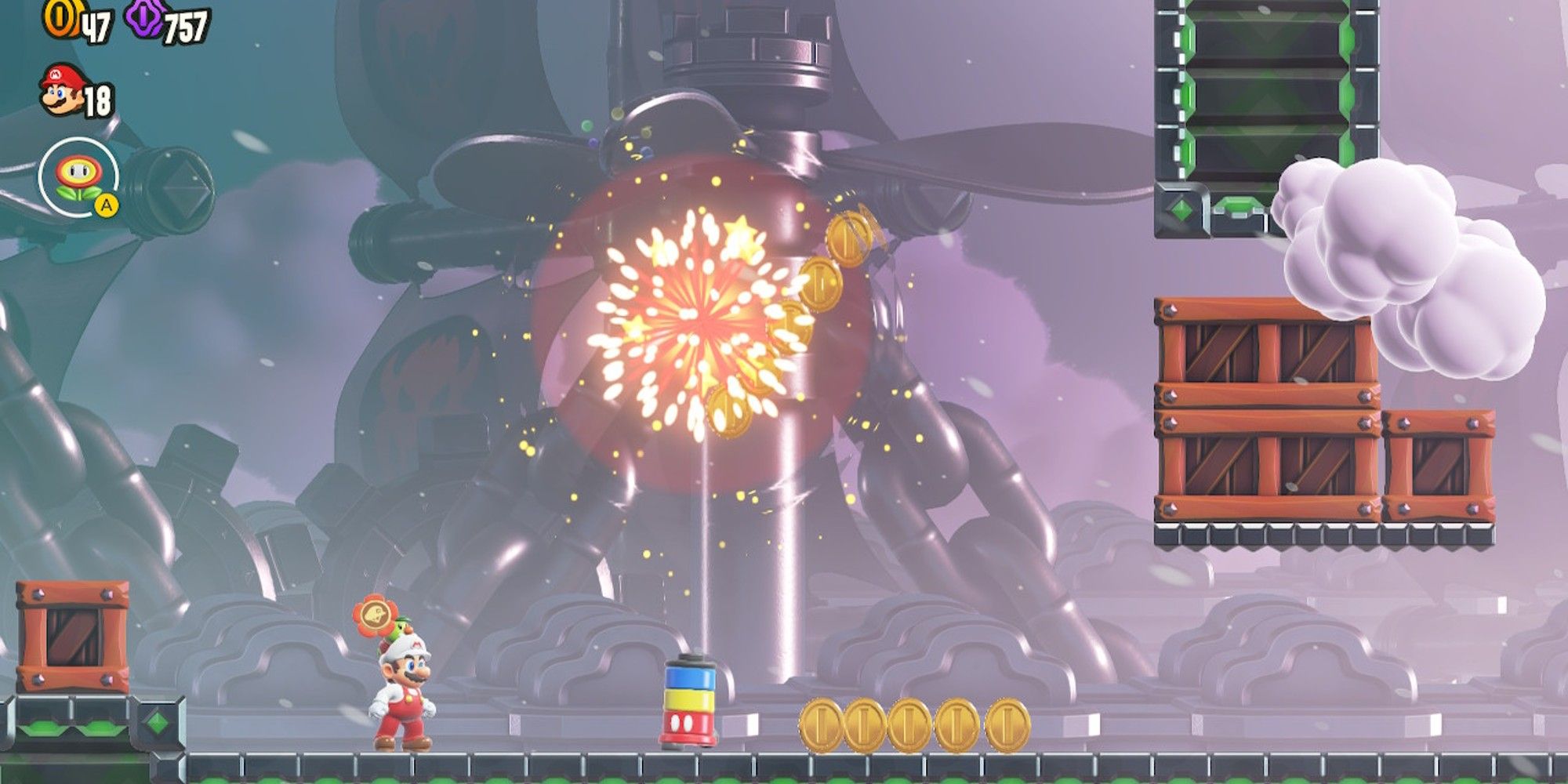 A fire work explodes above Mario and an enemy.