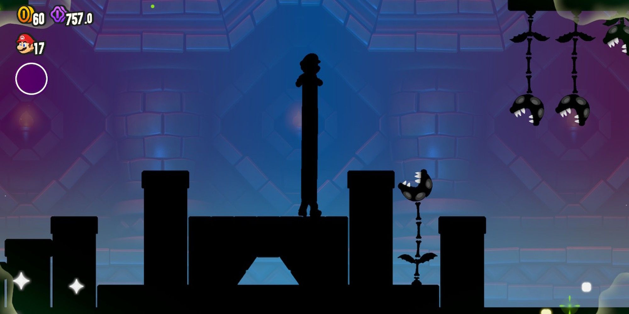 Silhouettes of tall Mario, pipes, and piranha plants. 