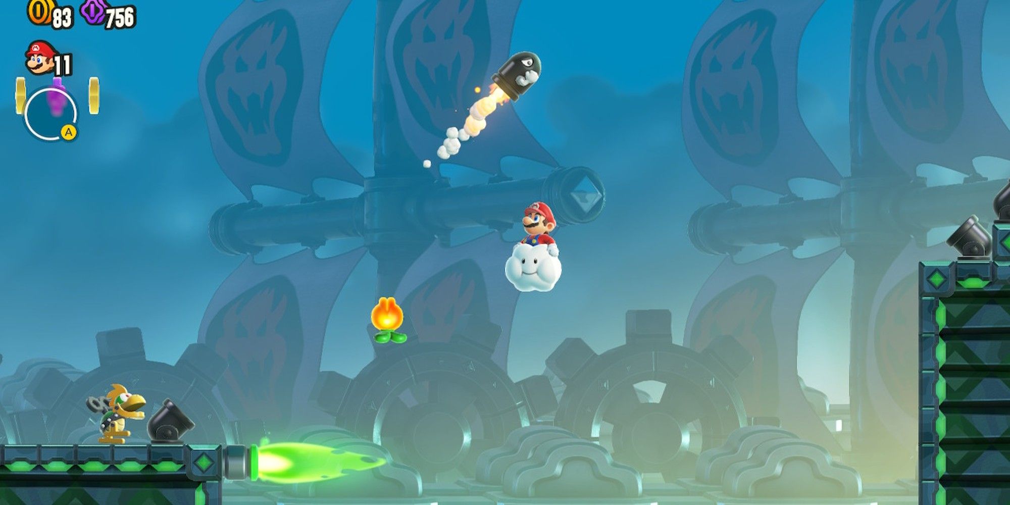 Mario riding a cloud while avoiding a bullet bill.