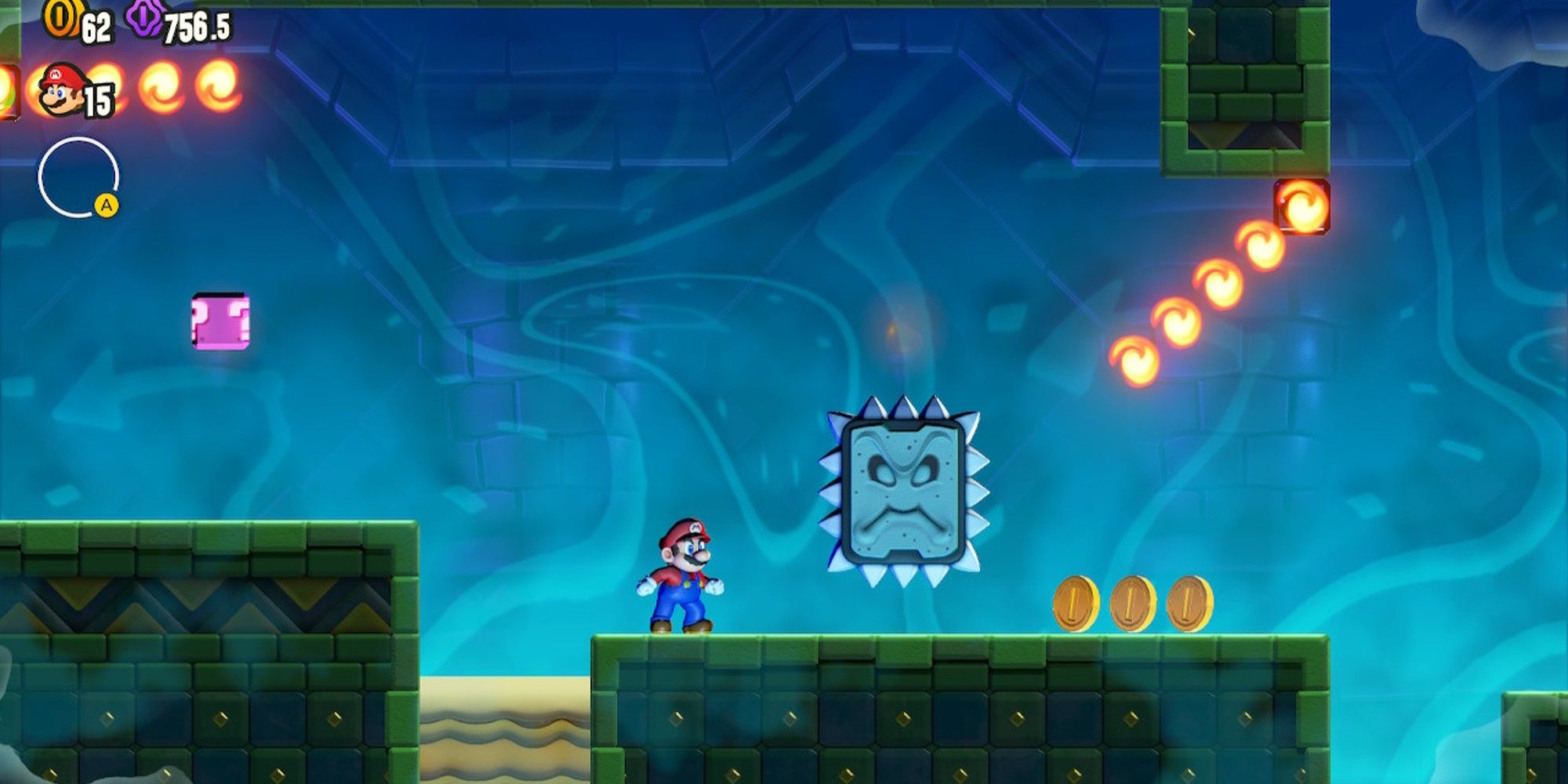 Mario next to a thwomp and firebar.