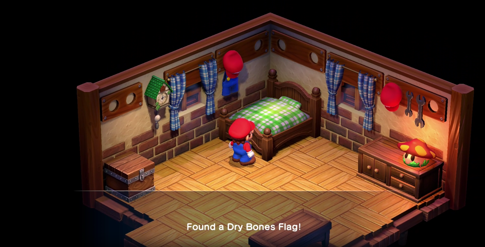 The Dry Bones flag under Mario's bed in Super Mario RPG.
