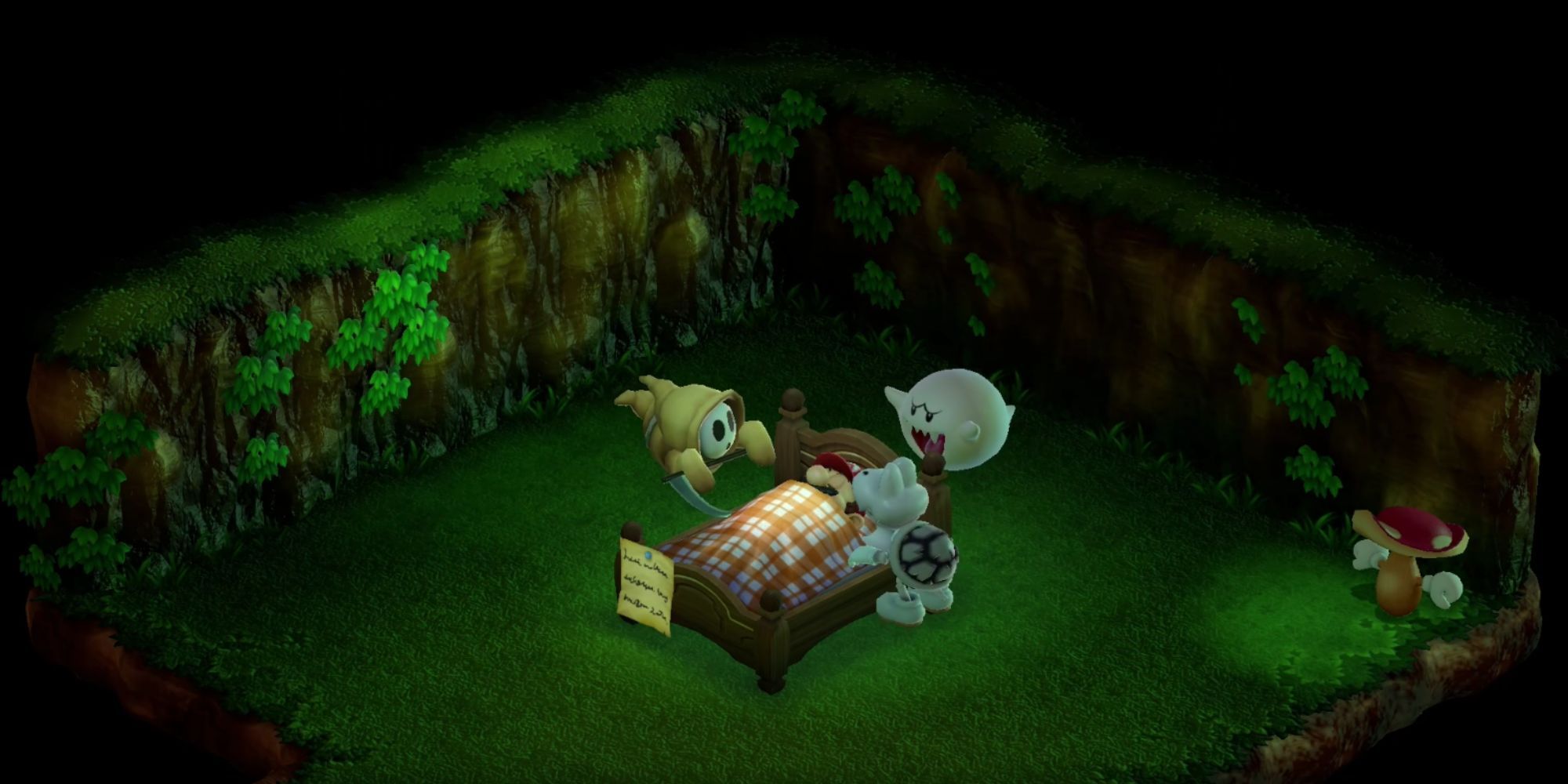 Mario sleeping in a bed surrounded by the Three Musty Fears in Super Mario RPG.