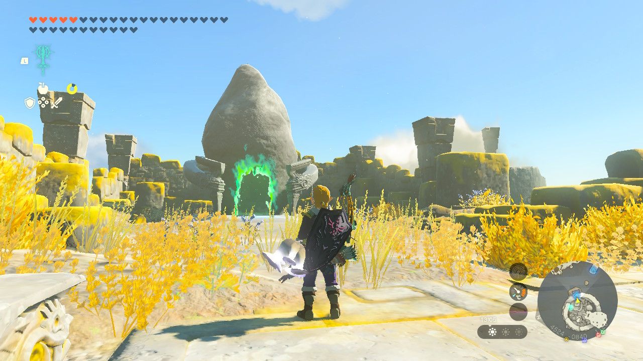 Tears Of The Kingdom Sihajog Shrine with Link standing in front of it with his back turned