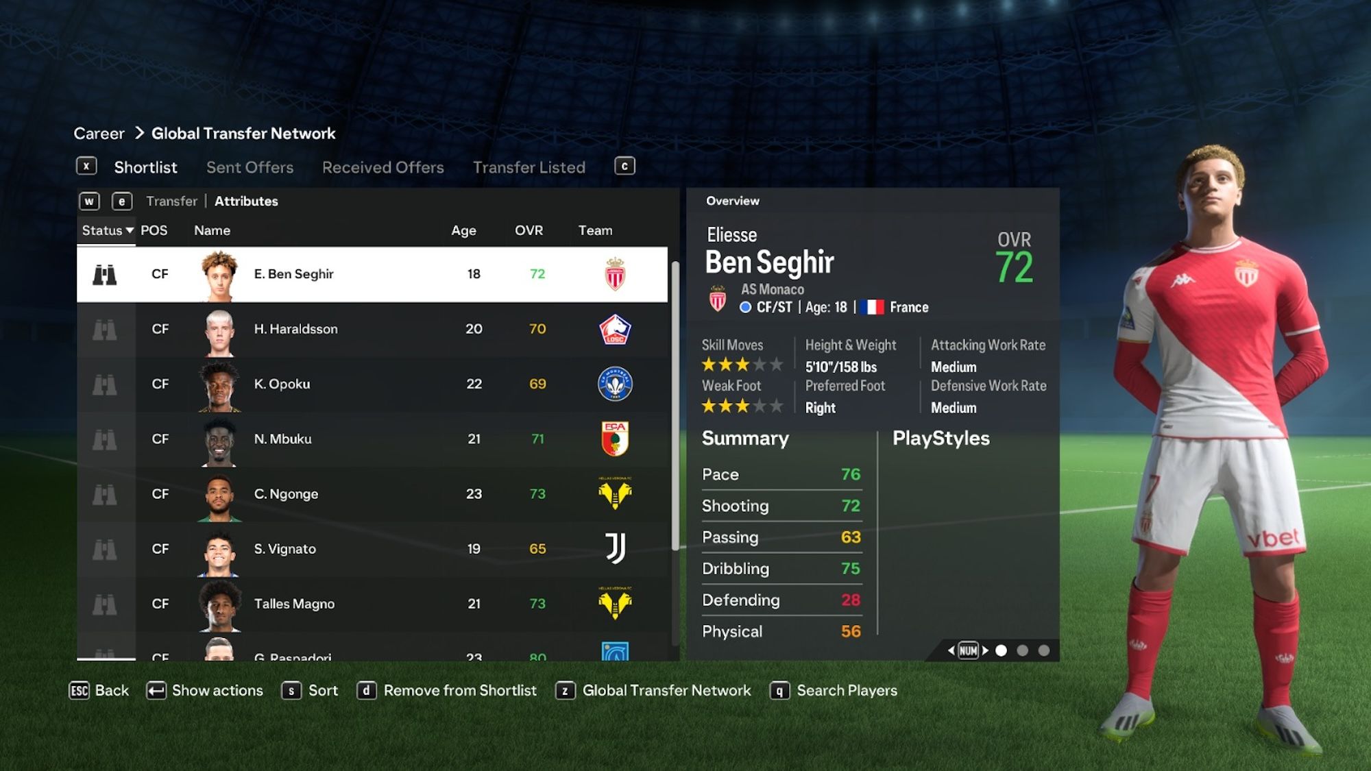 Overview of Monaco football player Eliesse Ben Seghir in EA FC 24