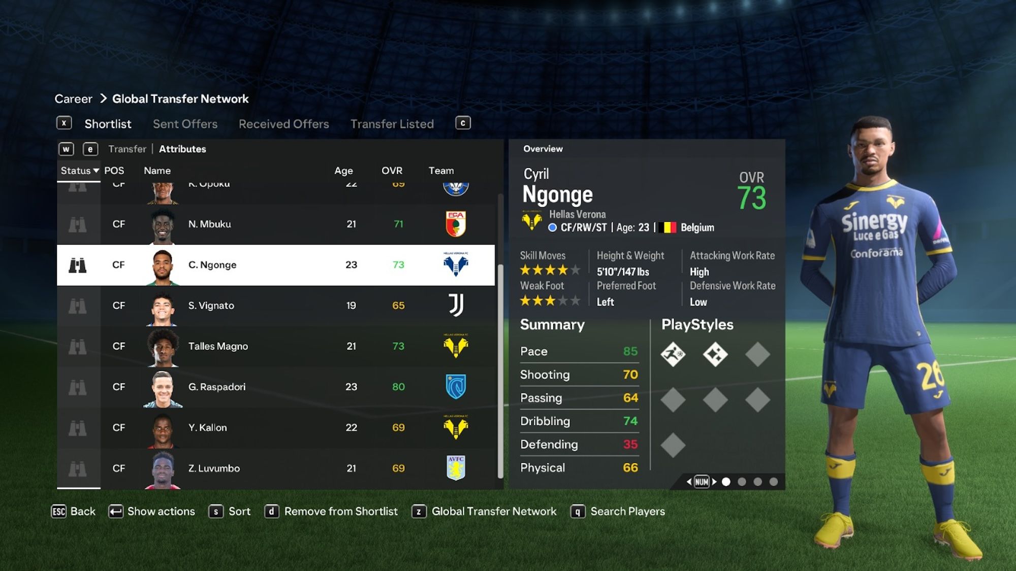 Overview of Hellas Verona football player Cyril Ngonge in EA FC 24