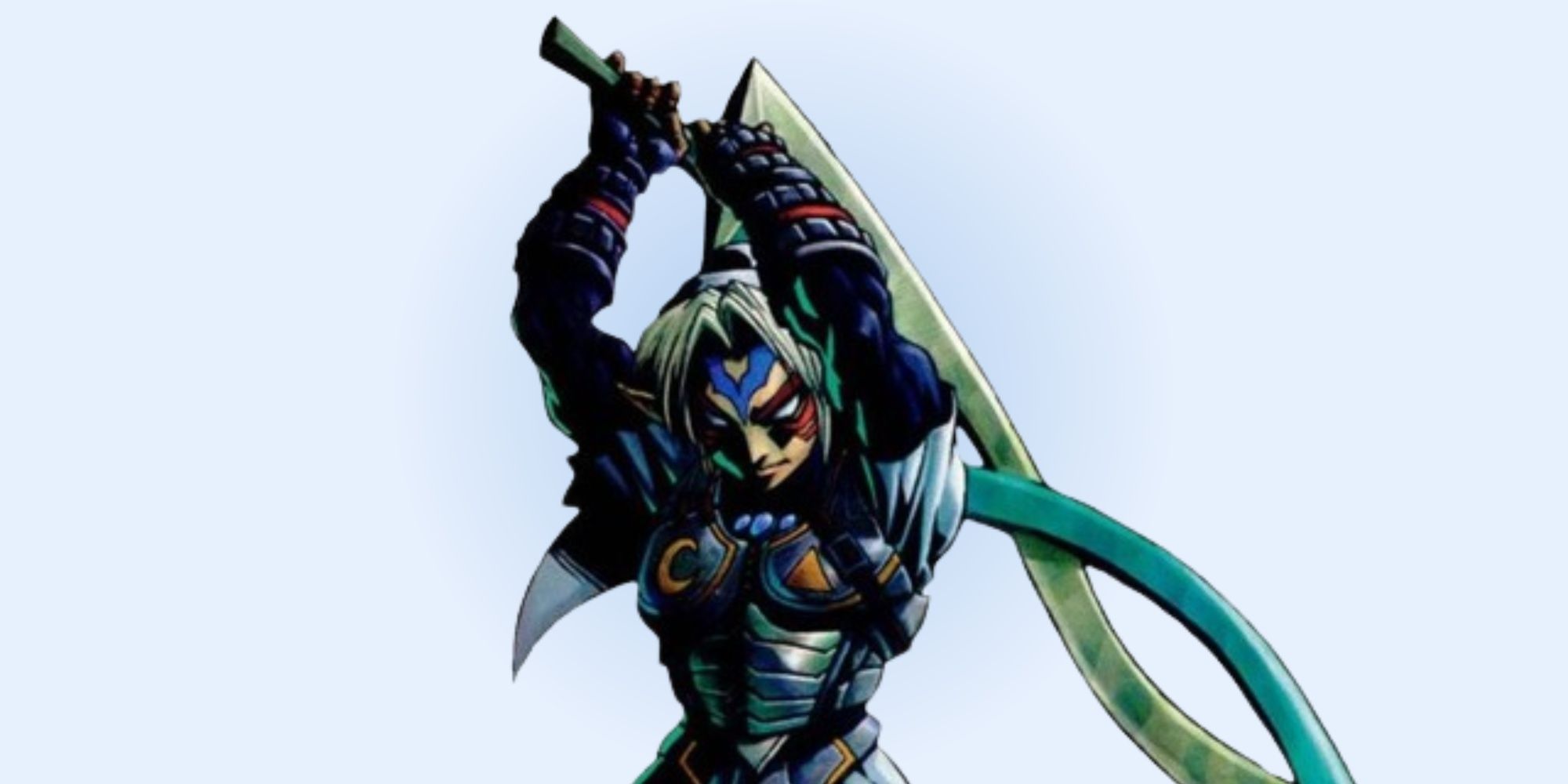 The Fierce Deity on a gradient blue background