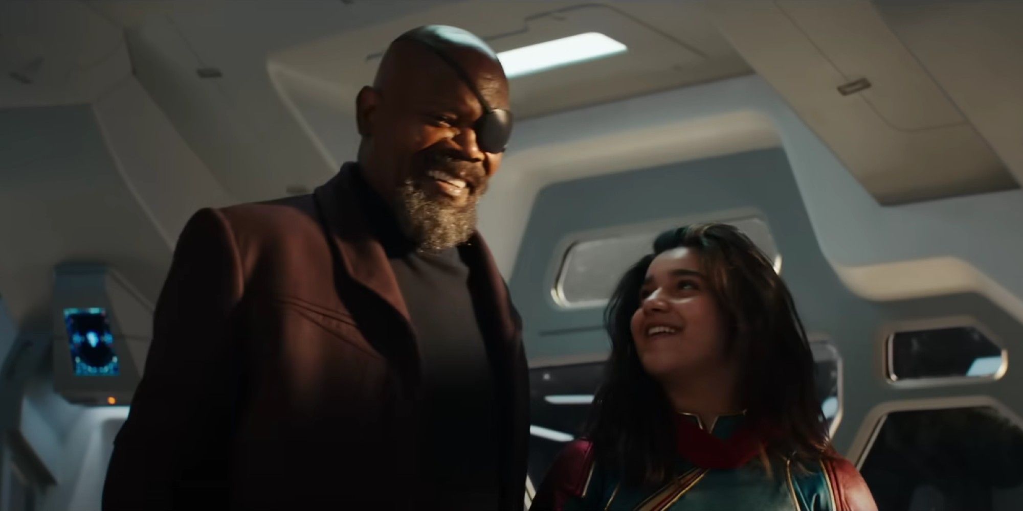 The Marvels Scene showing Nick Fury and Kamala Khan smiling
