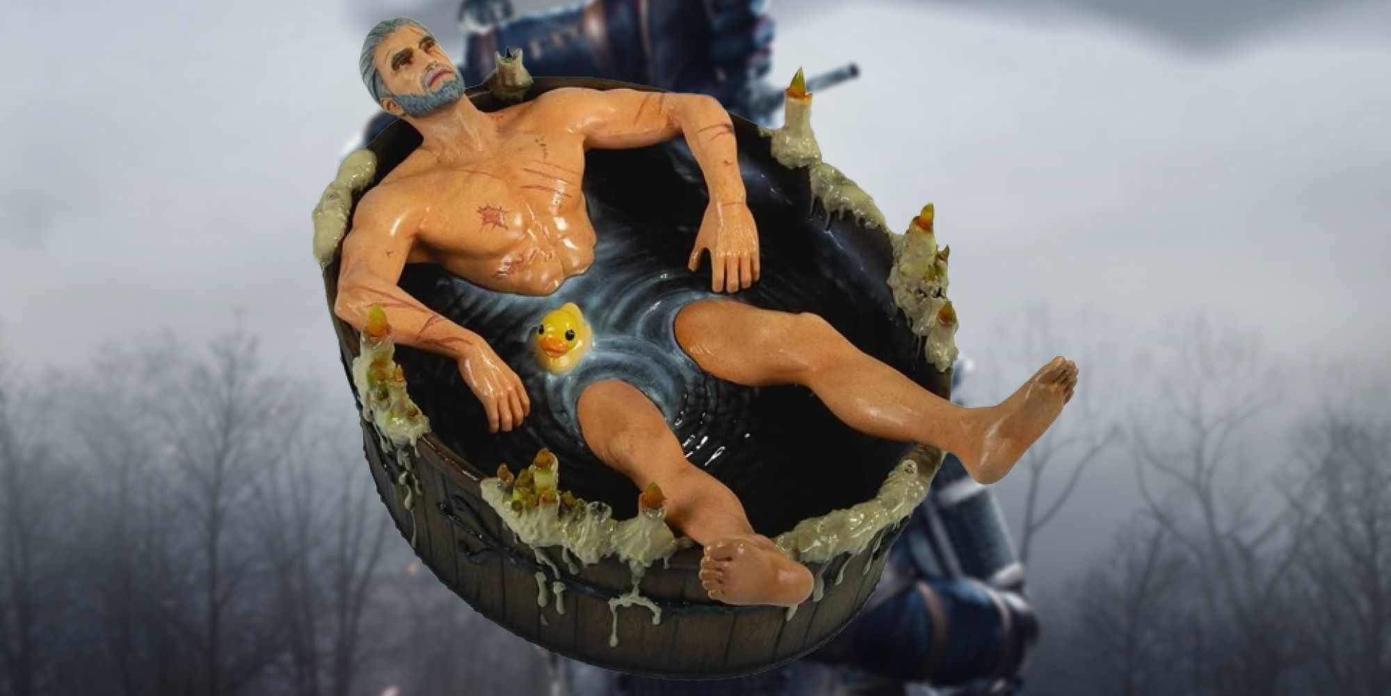tub geralt statue in front of geralt drawing his sword in the witcher 3