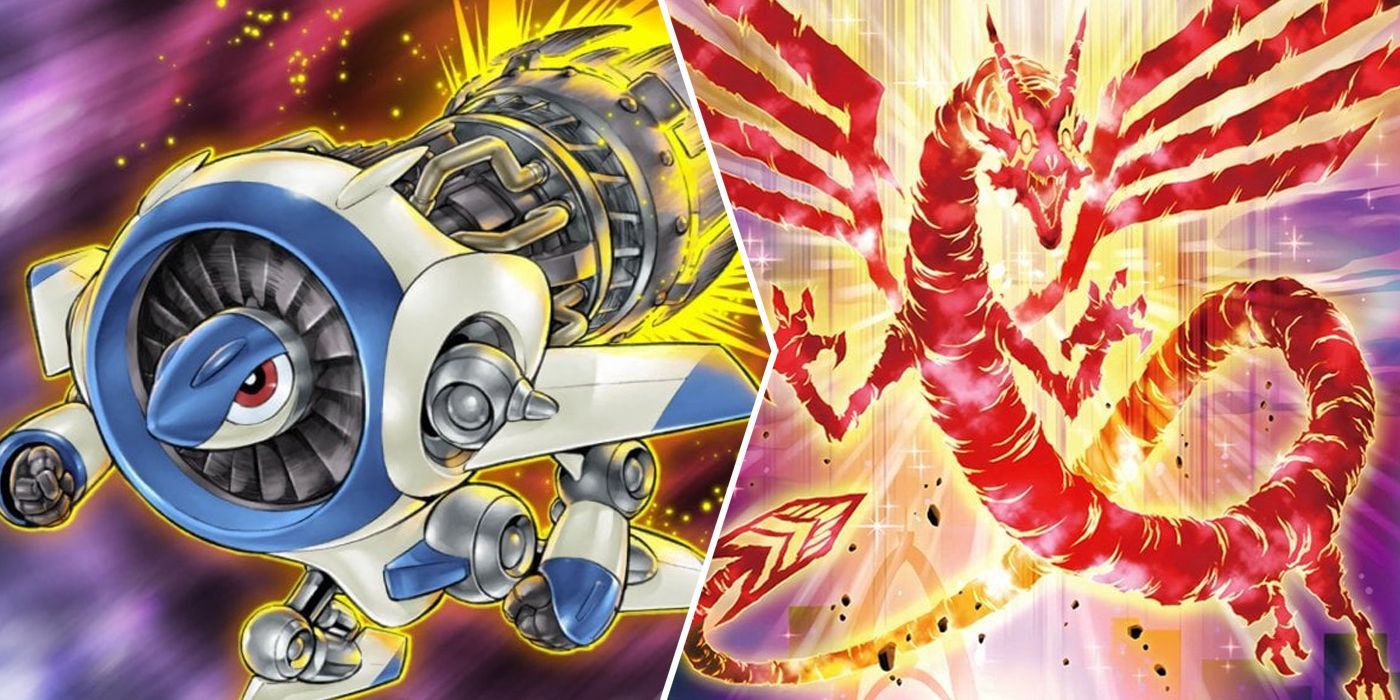 Two panel image for Synchron Yugioh archetype - Jet Synchron (left), The Crimson Dragon (right)
