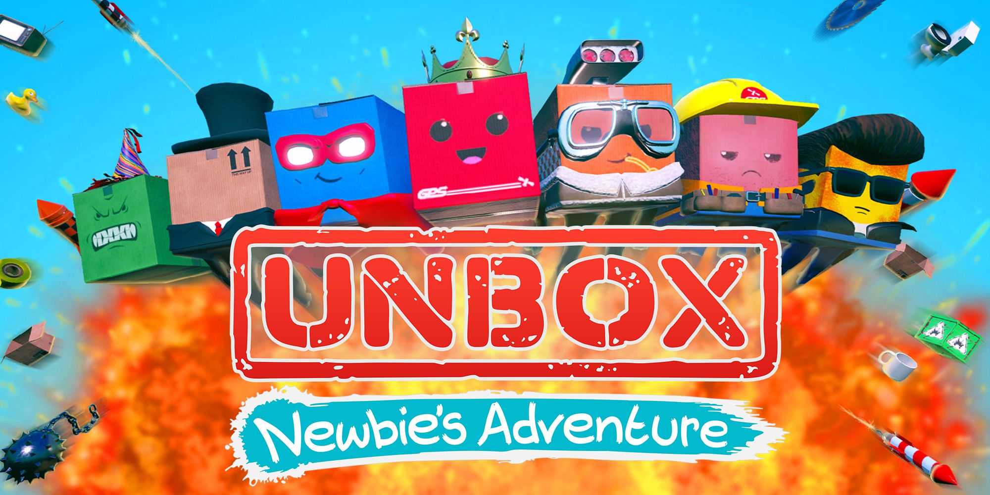 Unbox Newbie's Adventure Title Art Showing The Boxes Jumping Over An Explosion