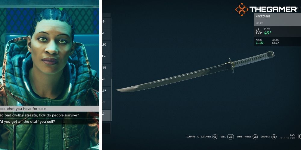 Starfield: Left: speaking to Hatchet about her store, right is the Wakizashi Katana