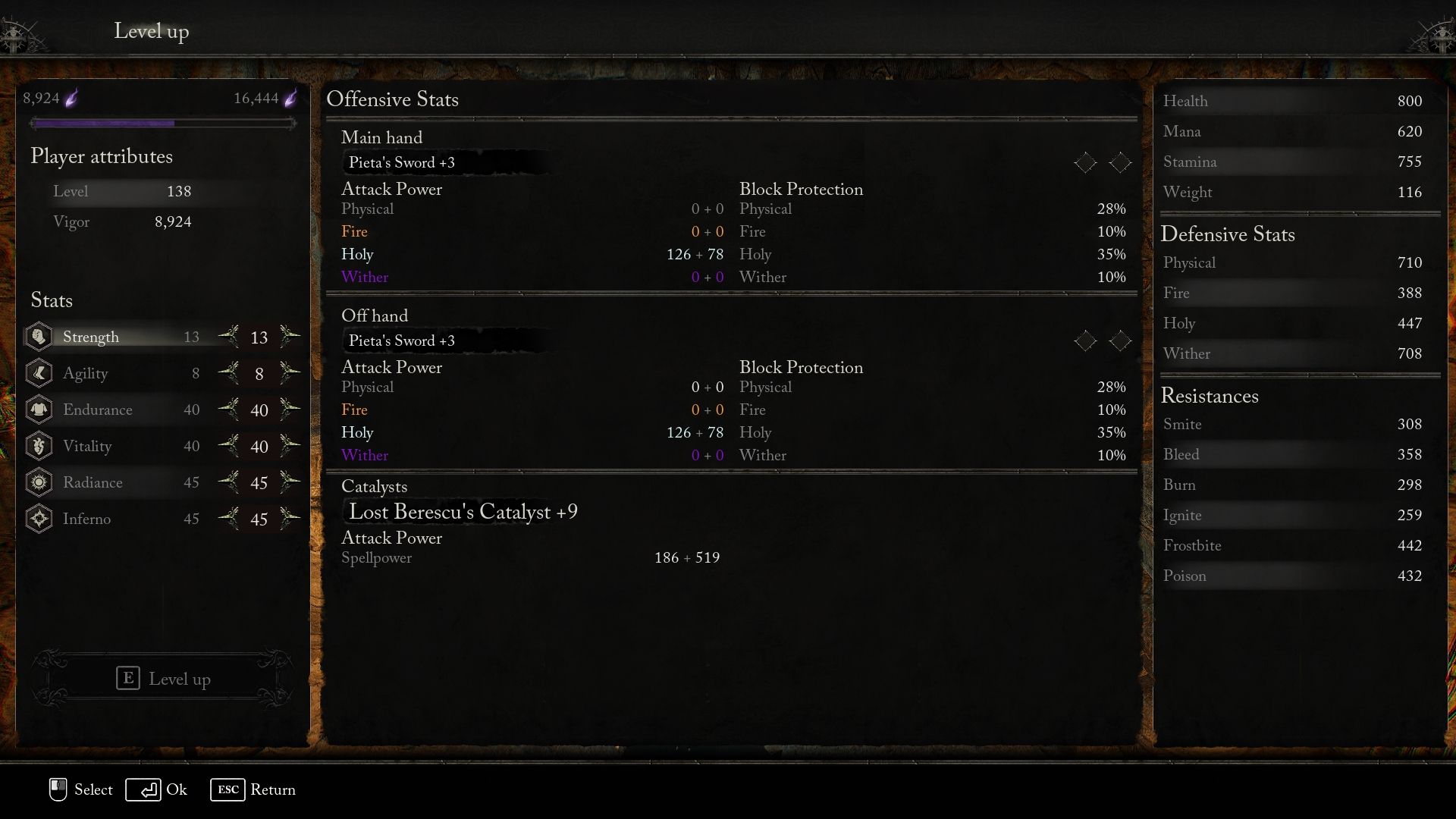 Upgrade menu showing all the stats Lords of the Fallen