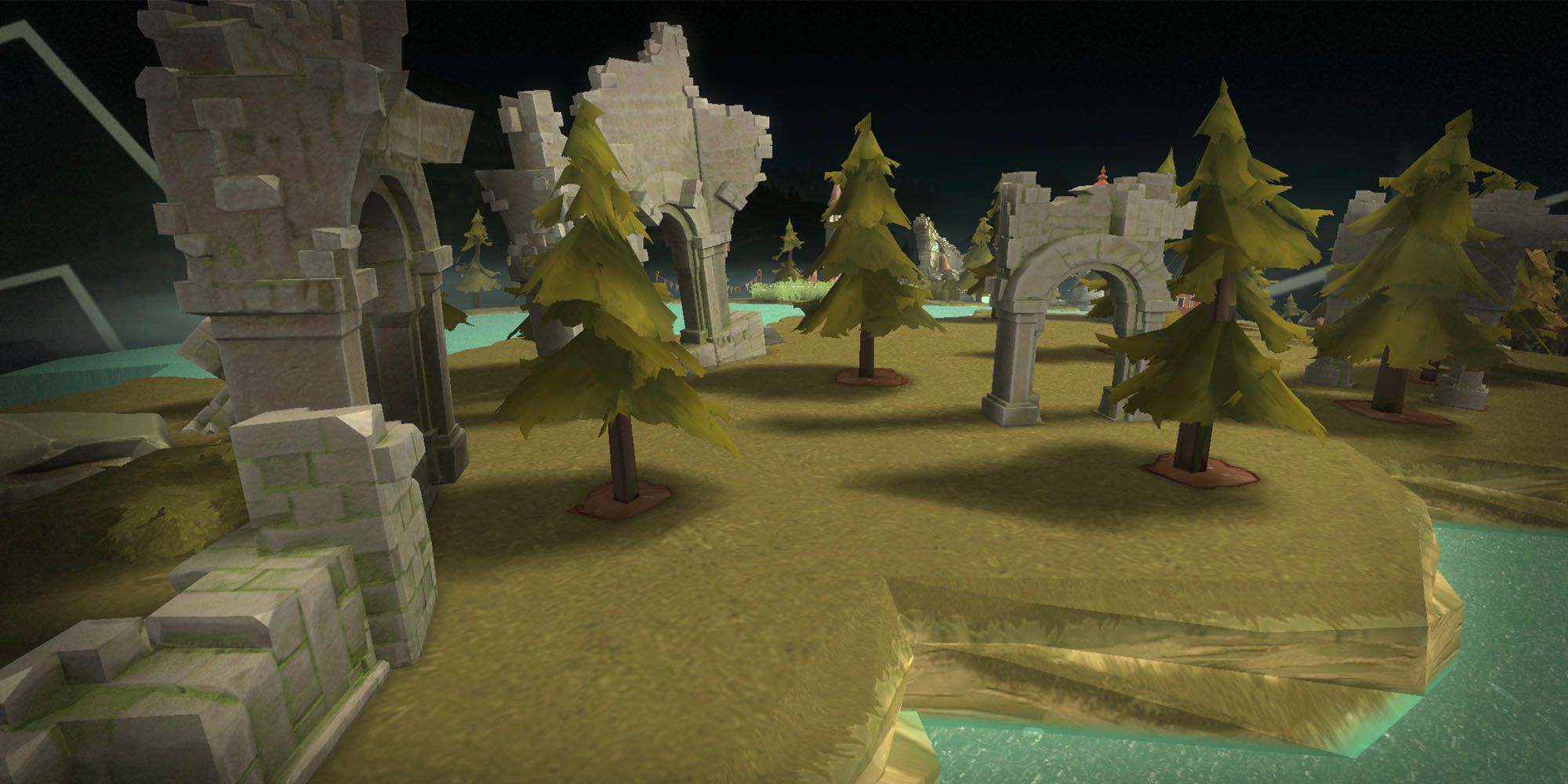 ruined stone buildings in the wilderness