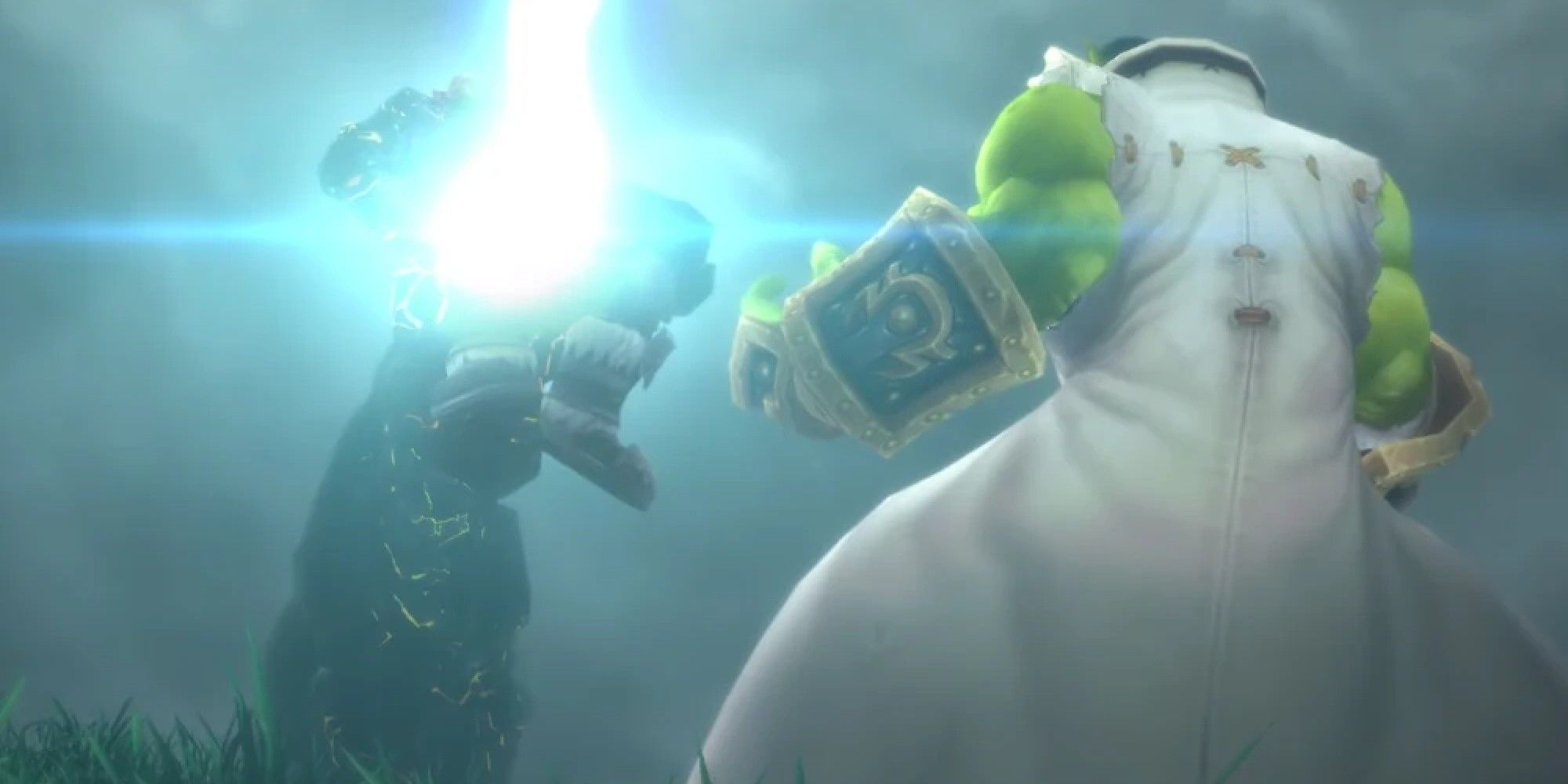 World of Warcraft scene showing Thrall fighting Garrosh