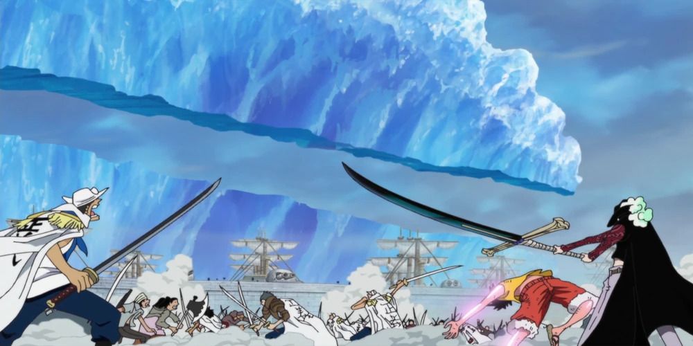 Mihawk slicing an iceberg with Yoru.