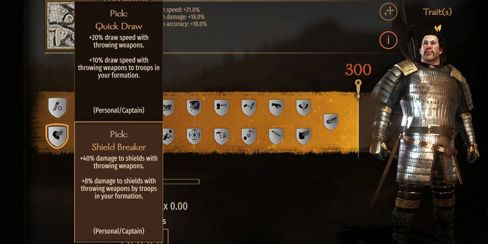 +40% damage to shields with throwing weapons. +8% percent damage to shields with throwing weapons by troops in your formation