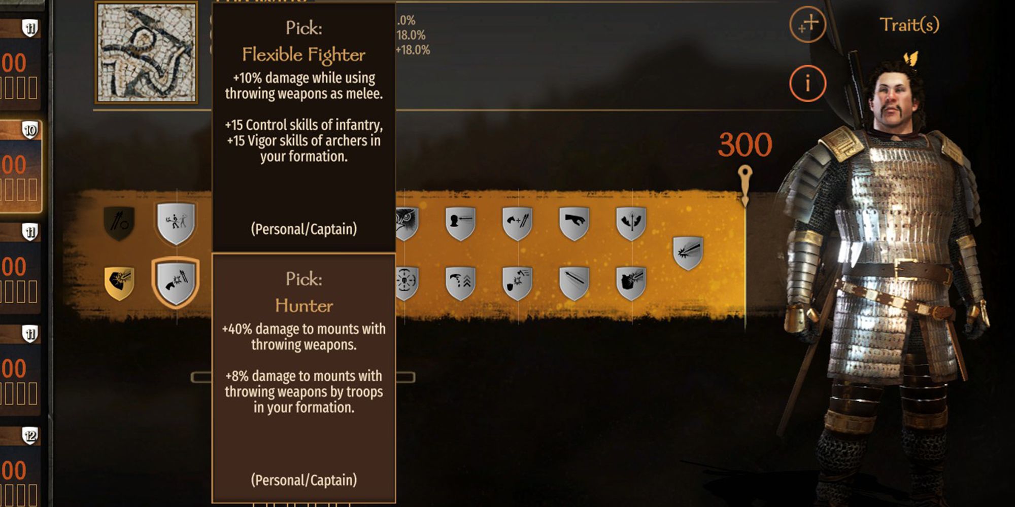 +40% damage to mounts with throwing weapons. +8% damage to mounts with throwing weapons by troops in your formation.