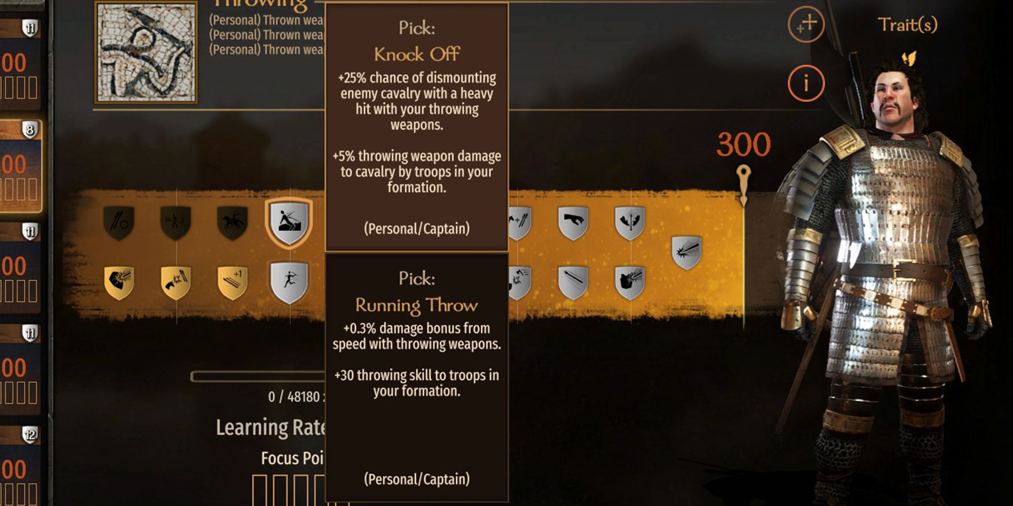 +25% chance of dismounting enemy cavalry with a heavy hit with your throwing weapons. +5% throwing weapon damage to cavalry troops in your formation.