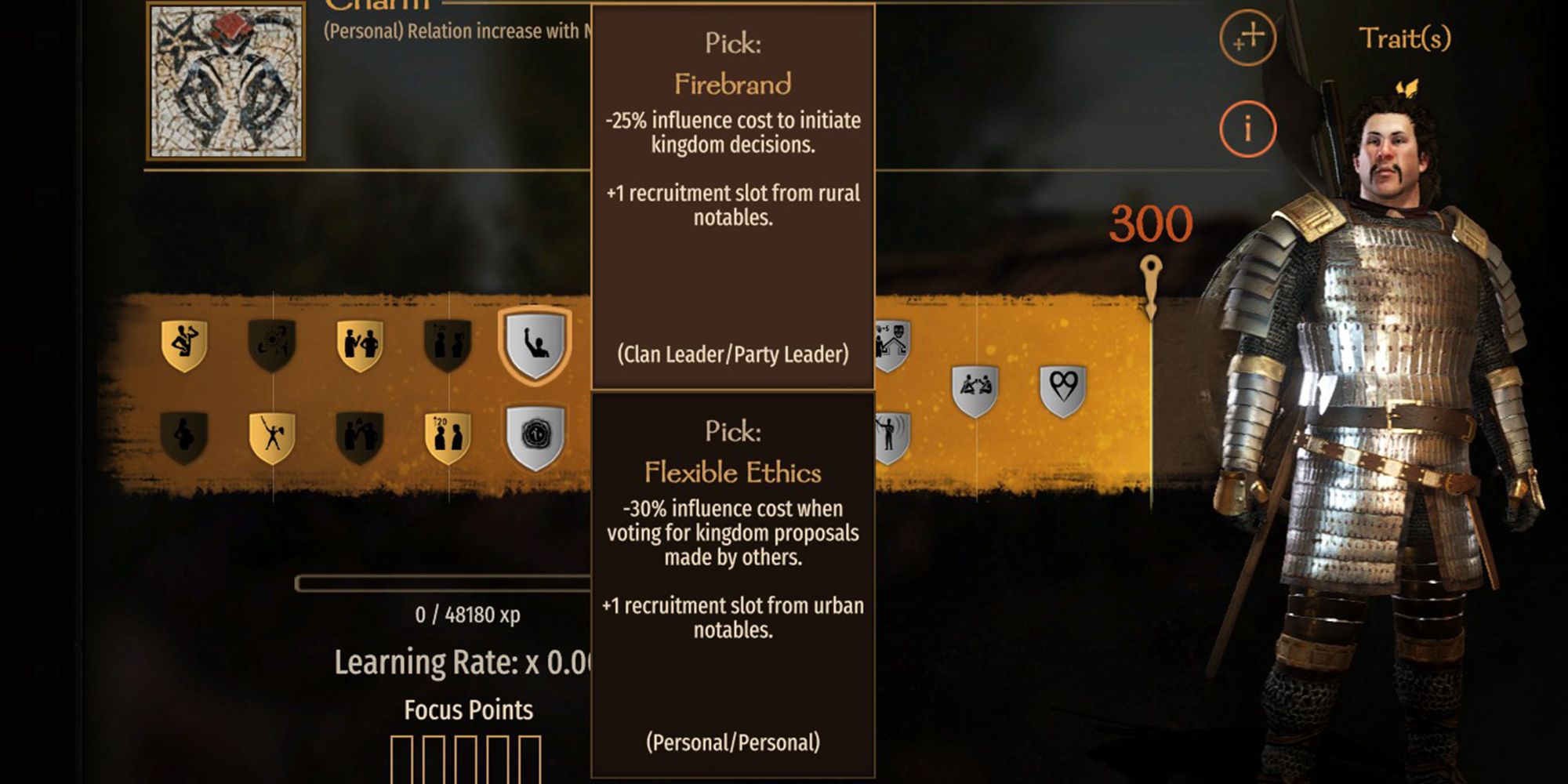 -25% influence cost to initiate kingdom decisions. +1 recruitment slot from notables.