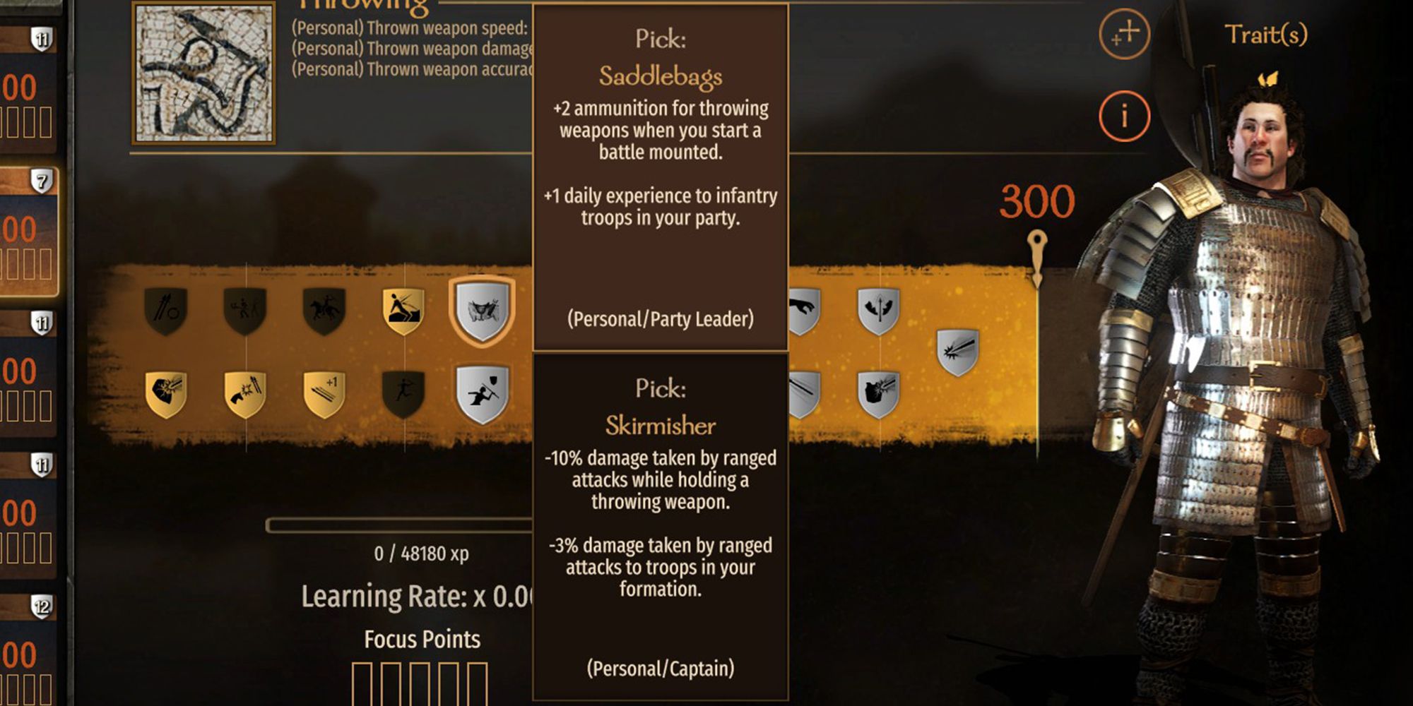+2 ammunition for throwing weapons when you start a battle mounted. +1 daily experience to infantry troops in your party.