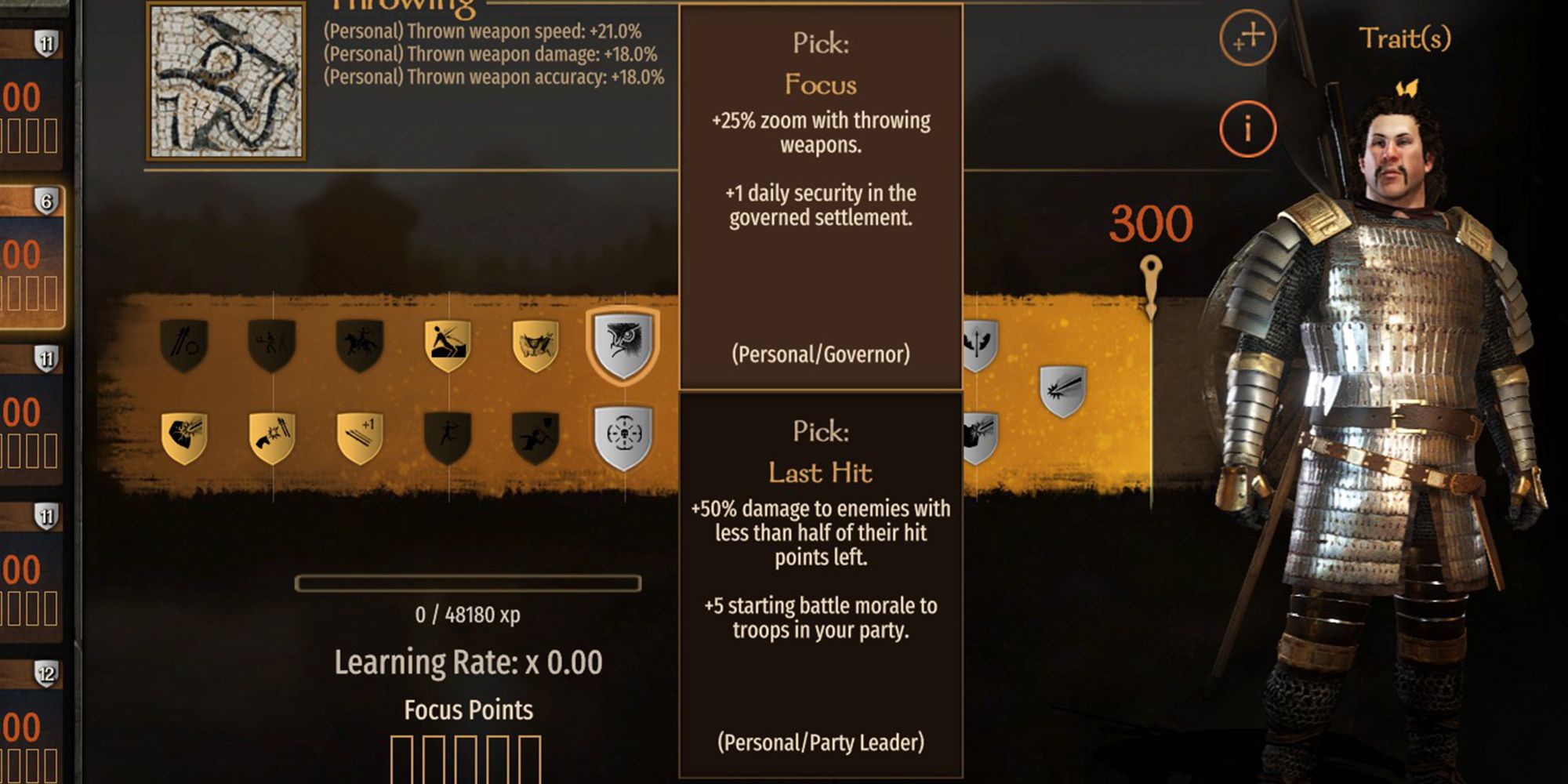 +25% zoom with throwing weapons. +1 daily security in the governed settlement.