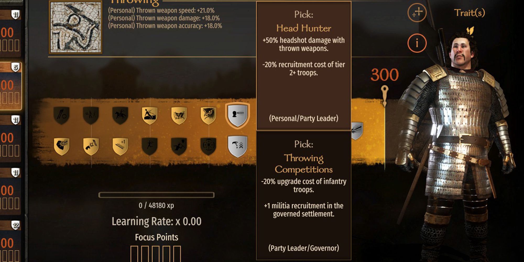 +50% headshot damage with thrown weapon. -20% recruitment cost of tier +2 troops.