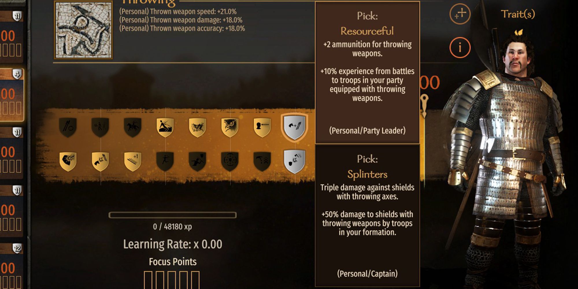 +2 ammunition for throwing weapons. +10% experience from battles to troops in your party equipped with throwing weapons.