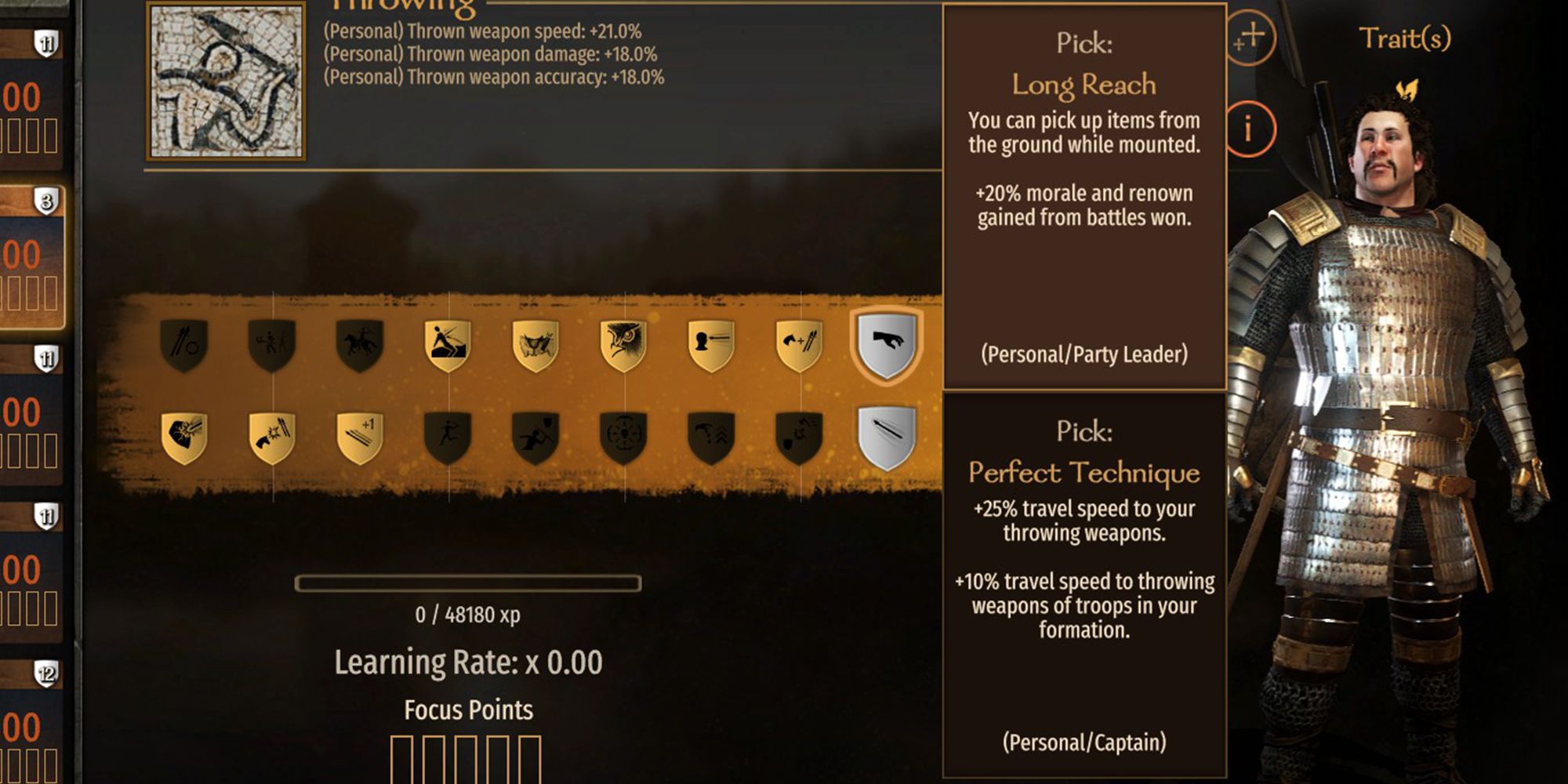 You can pick up items from the ground while mounted. +20% morale and renown gained from battles won.