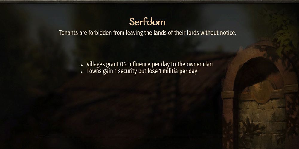 Villages grant 0.2 influence per day to the owner clan. Towns gain 1 security but lose 1 militia per day