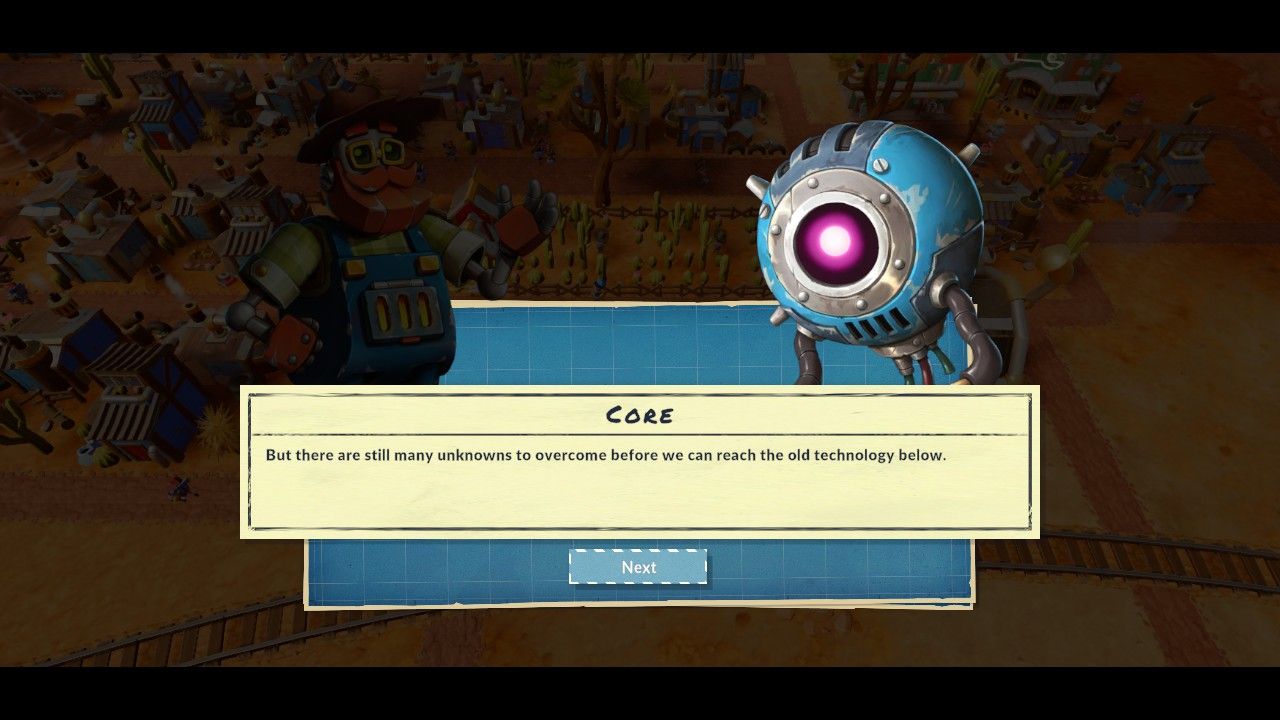 Jack Clutchsprocket and the Core having a conversation about the dangers below the ground in Steamworld Build.