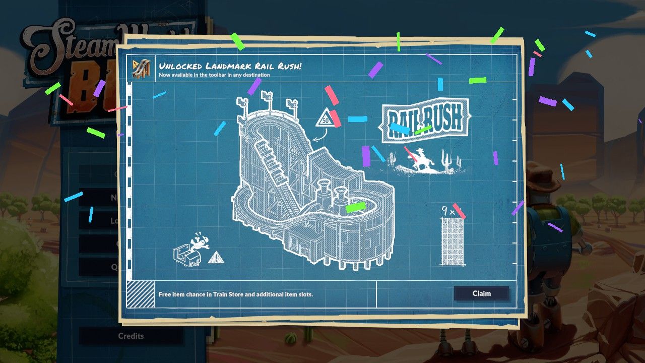 The blueprint design of the Rail Rush Landmark Building with confetti around to celebrate it being unlocked in the main menu of Steamworld Build.