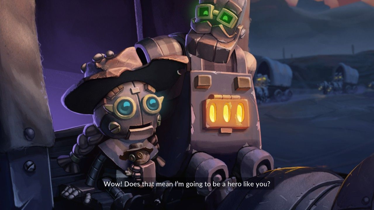 Astrid talking to her father Jack Clutchsprocket and receiving his hat during the intro cutscene in Steamworld Build.
